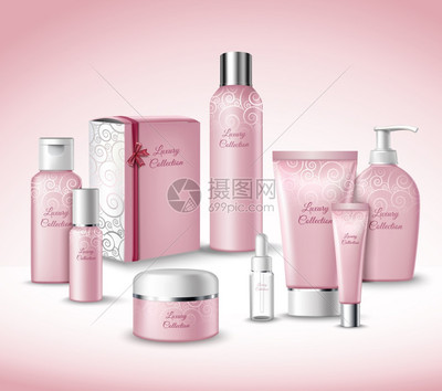 虛擬與現(xiàn)實的交匯 3D豪華化妝品美容護理產(chǎn)品包集矢量插圖設計